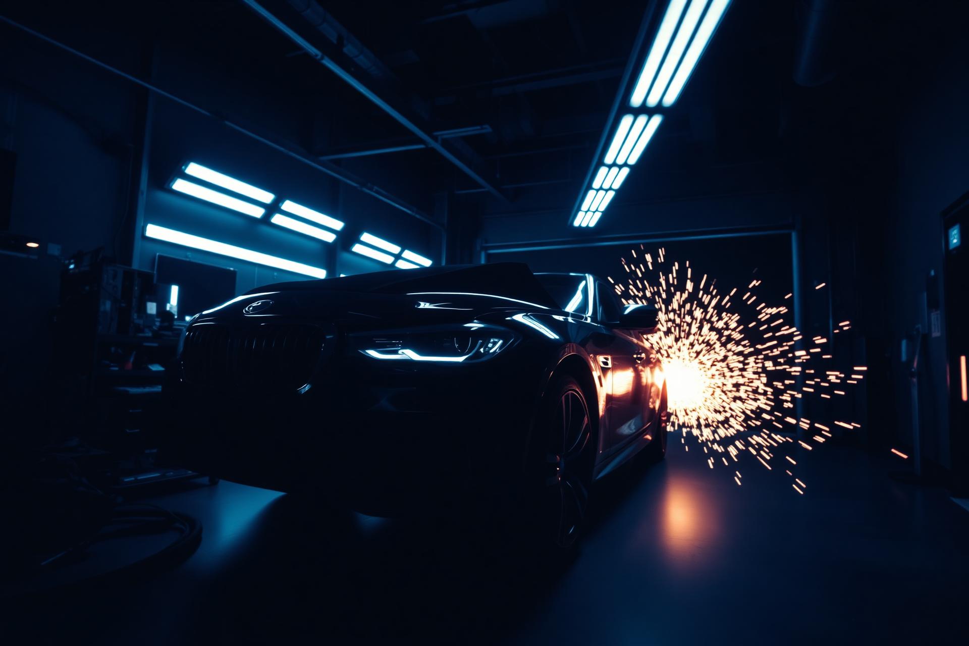 Modern collision repair shop interior with a luxury car